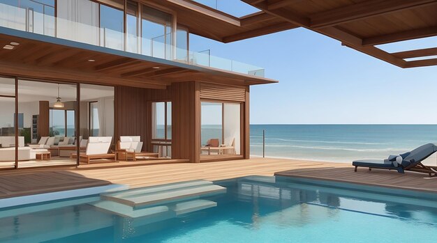 3D-рендеринг современного роскошного пляжного дома с деревянной террасой и бассейном на фоне моря