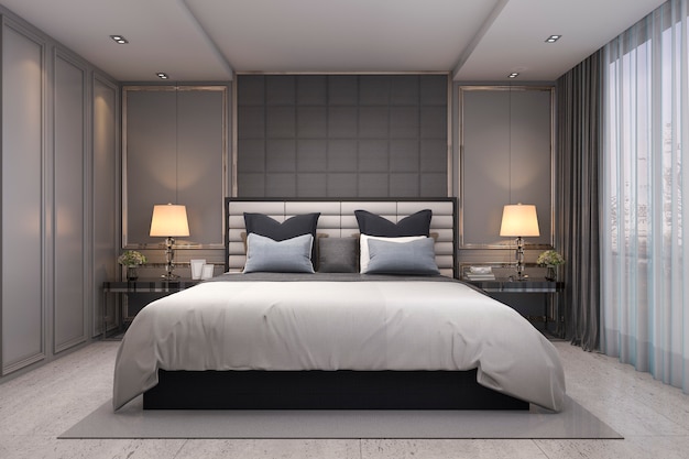 照片3d渲染现代豪华经典卧室与大理石装饰