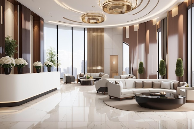 現代的な豪華なホテルとオフィスのレセプションとミーティングラウンジの3Dレンダリング