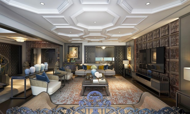 3D визуализация современного роскошного интерьера гостиной