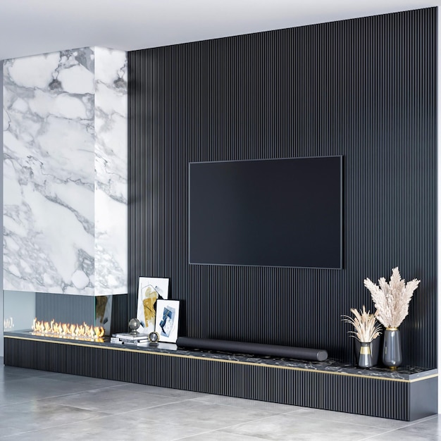 3d визуализация современного роскошного дизайна интерьера украшения стены телевизора