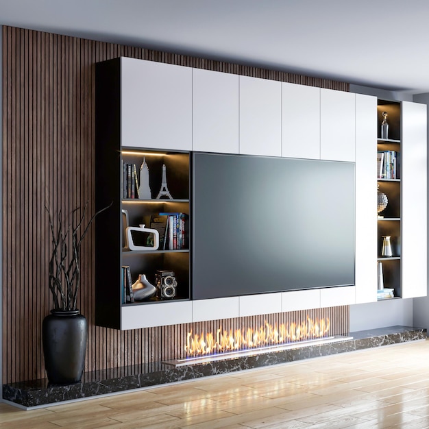 3d-рендеринг современного роскошного дизайна интерьера стены с телевизором