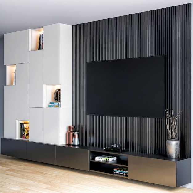 3d 렌더링 현대 럭셔리 TV 벽 인테리어 디자인