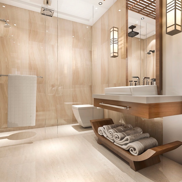 Foto 3d che rende bagno di legno di lusso moderno nell'hotel della suite