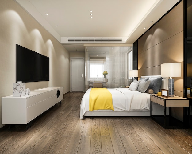 3d rendering modern luxury yellow bedroom suite and bathroom