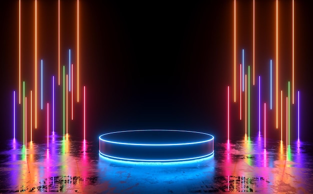 3d Rendering Modern Minimal Empty Display Shelves Podium Cyber Sci Fi Neon Color Light Abstract Illustration Background