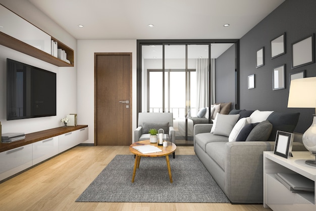 写真 3 dレンダリングモダンな最小限の木製のリビングルームとアパートの寝室