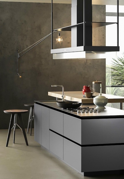 Rendering 3d interni cucina moderna e minimalista con pareti in legno e decorazioni per la tavola