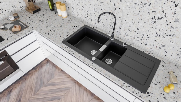 3d rendering modern minimalist kitchen room interior design