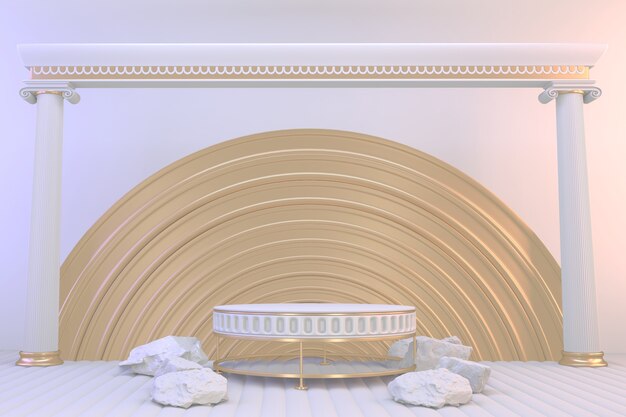 3d rendering. Modern minimalistic mock up gold podium abstract cylinder display.