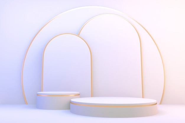 3d rendering. Modern minimalistic white and gold podium abstract cylinder display.