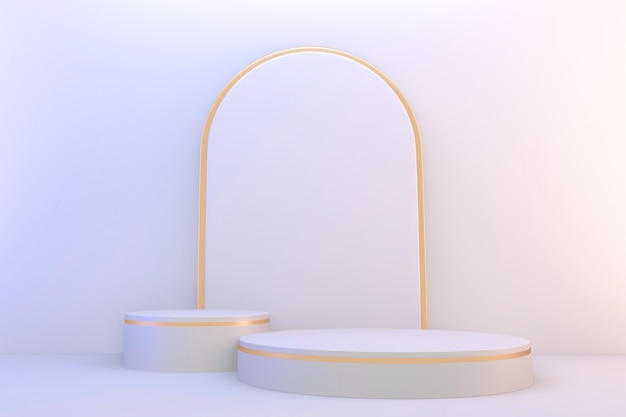 3d rendering. Modern minimalistic white and gold podium abstract cylinder display.