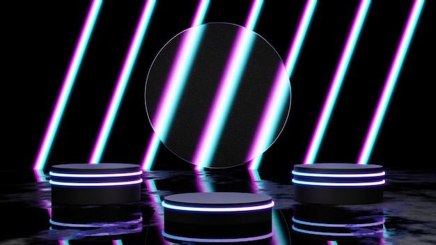 3d rendering modern podium display with neon light, futuristic pedestal blank platform for showcase