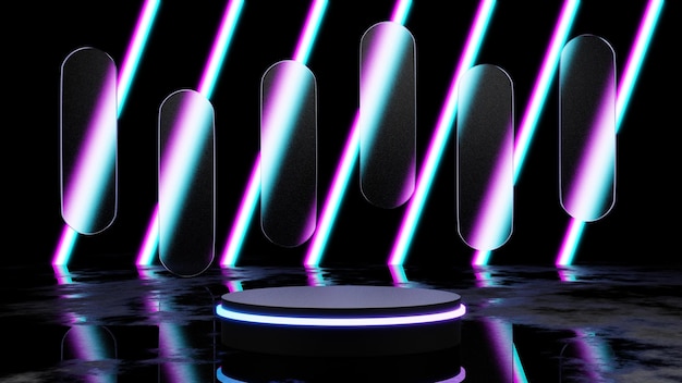 네온 불빛이 있는 3d 렌더링 현대 연단 디스플레이, 쇼케이스를 위한 미래형 페데스탈 블랭크 플랫폼