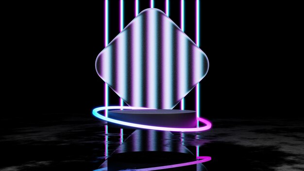 3d rendering modern podium display with neon light, futuristic pedestal blank platform for showcase