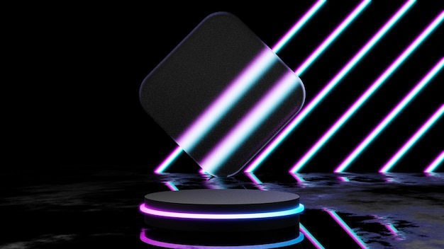 네온 불빛이 있는 3d 렌더링 현대 연단 디스플레이, 쇼케이스를 위한 미래형 페데스탈 블랭크 플랫폼