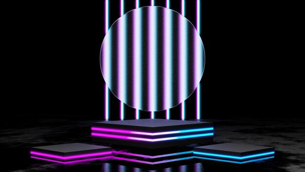 3d rendering modern podium display with neon light, futuristic pedestal blank platform for showcase