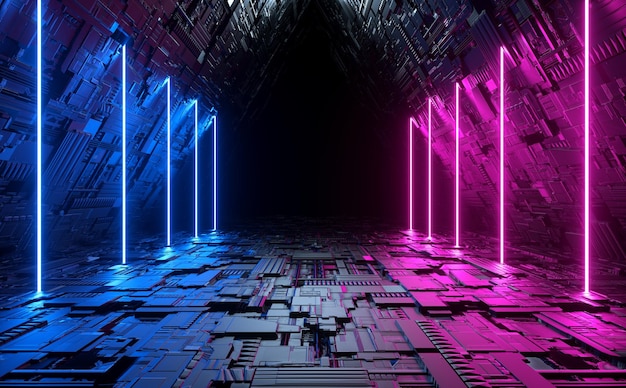 3d Rendering Modern Stage Cyber Sci Fi Futuristic Spaceship Triangle Corridor Hallway With Neon Illumination Light Tech Illustration Background