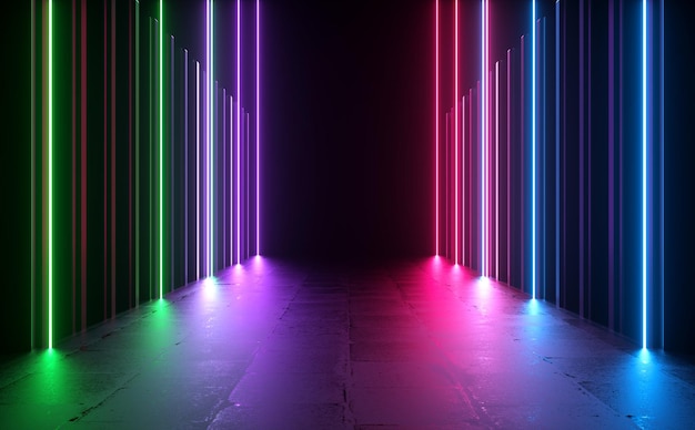 3d Rendering Modern Stage Hallway Corridor Sci fi Futuristic Color Electric Neon Light Led Party On Concrete Floor Illustration