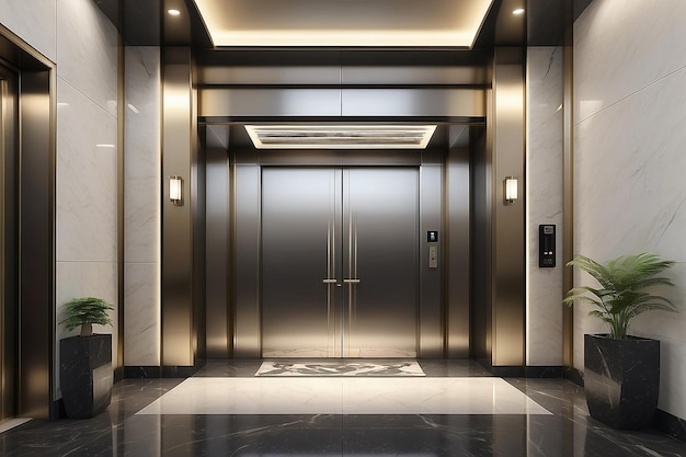 3d rendering modern steel elevator lift lobby in business hotel with luxury design near lobby and corridor