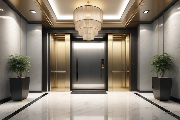 3d rendering modern steel elevator lift lobby in business hotel with luxury design near lobby and corridor