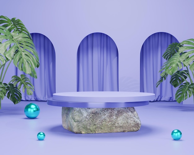 植物とモダンなステッププラットフォームジオメトリコンセプトプレミアム藤色の背景画像の3Dレンダリング