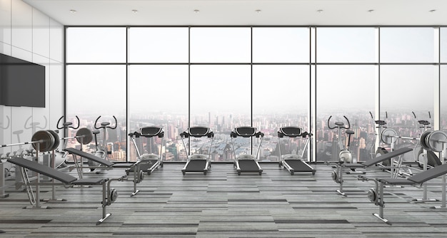 3d rendering modern style fitness and gym with city and sky view