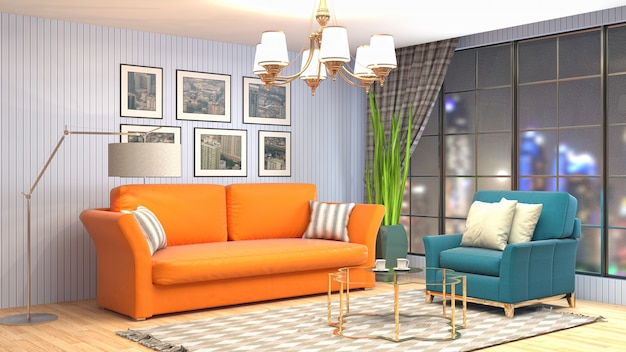 Photo 3d rendering of a modern and stylish living room