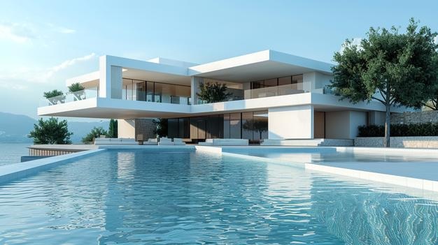 3d rendering of modern two story house with gray and wood accents large windows parking space in t