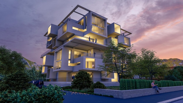 3D-рендеринг современного высококлассного жилого дома вечером