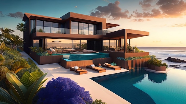 3D rendering of a modern villa on the beach at sunset