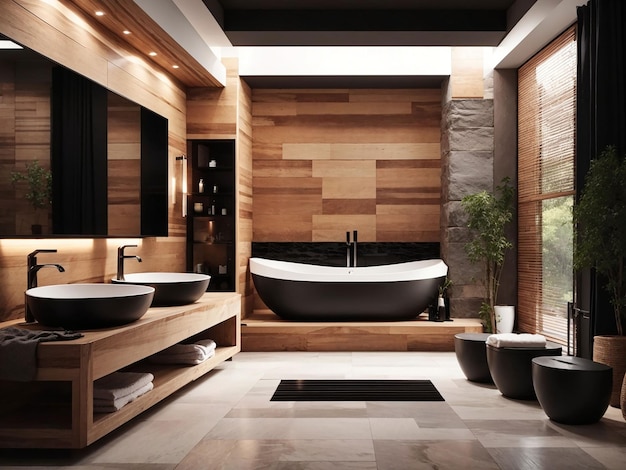 Foto bagno moderno in legno e pietra nera con rendering 3d