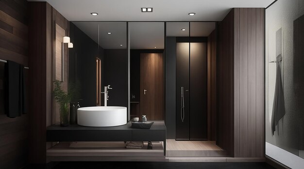 3D-рендеринг современной черной ванной комнаты из дерева и камня