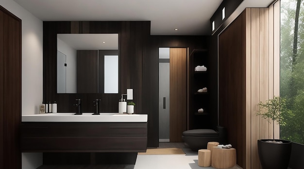 3d rendering modern wood and stone black bathroom