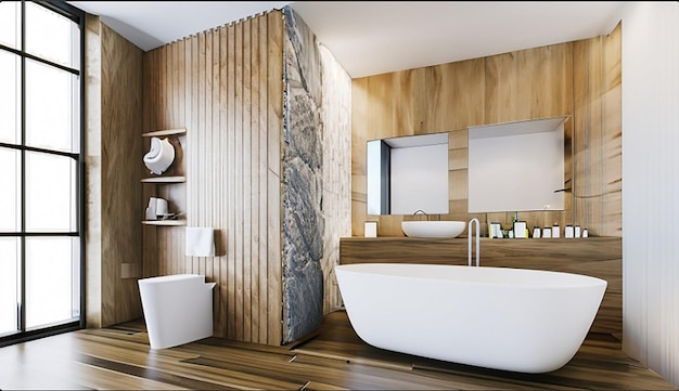 3d rendering modern wood and stone white bathroom