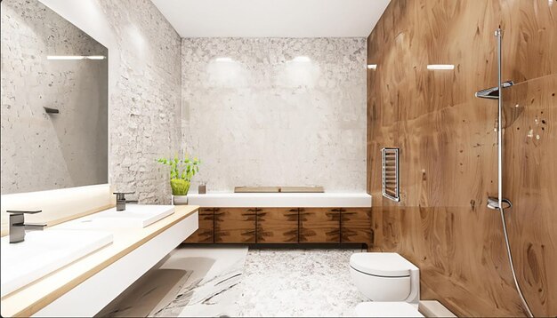 3d 렌더링 현대적인 나무와 돌 흰색 욕실
