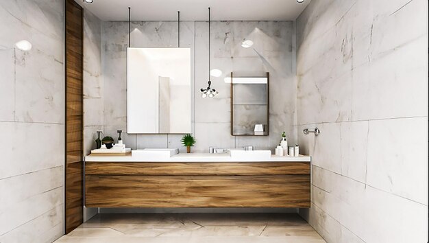 3d rendering modern wood and stone white bathroom