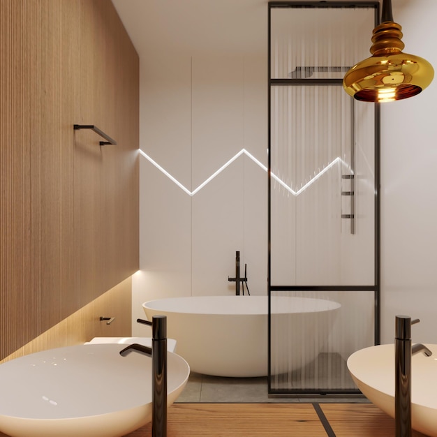 3D визуализация современного деревянного интерьера ванной комнаты