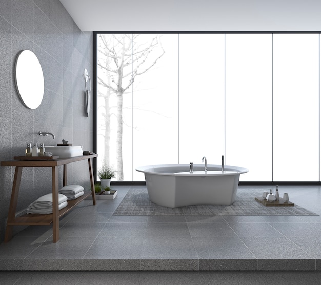 3D-rendering moderne badkamer design met prachtig uitzicht in de winter