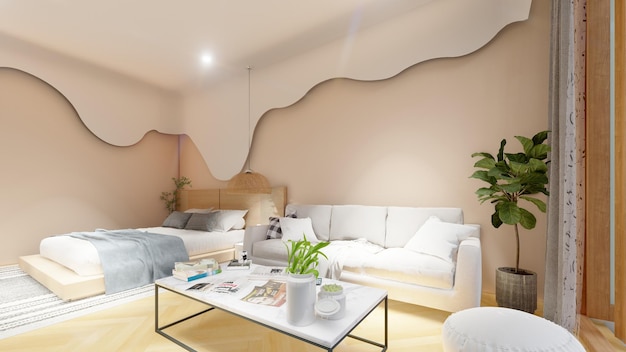 3D-rendering moderne eetkamer en woonkamer met luxe decor