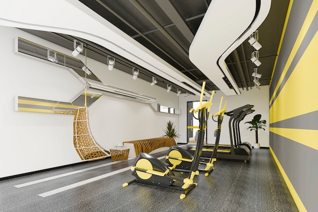 3D-rendering moderne gele sportschool en fitness