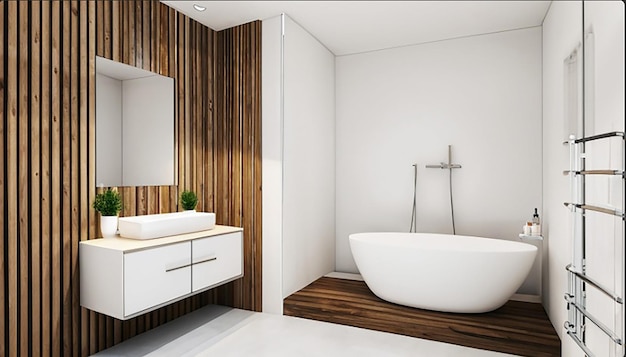 3D-rendering moderne hout en steen witte badkamer