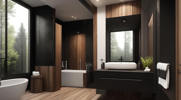 3D-rendering moderne houten en steen zwarte badkamer