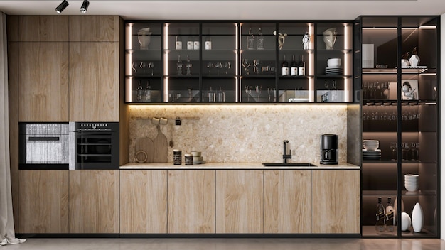 Foto 3d rendering moderne keuken geavanceerd model volledige scène met eettafel en stoel interieurontwerp
