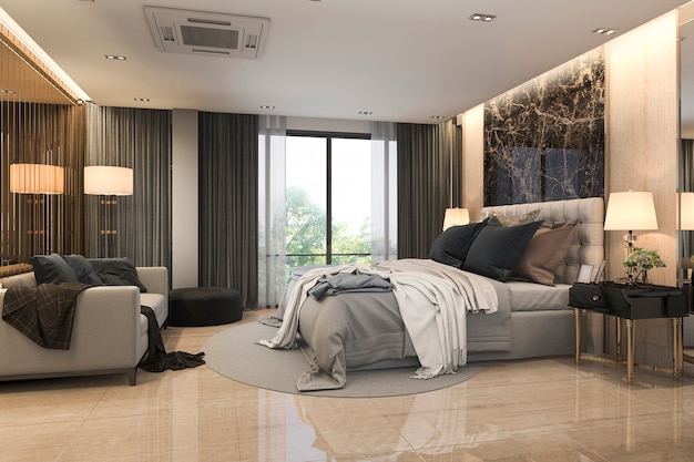 3D-rendering moderne loft luxe slaapkamer suite met sofa in de buurt van spiegel