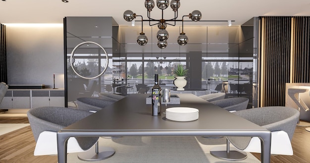 3D-rendering moderne luxe hoofdkamer woonkamer, eetkamer en keuken interieurontwerp
