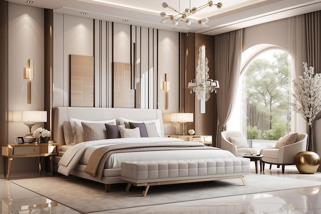 3D-rendering moderne luxe hoofdslaapkamer eigentijdse stijl interieur