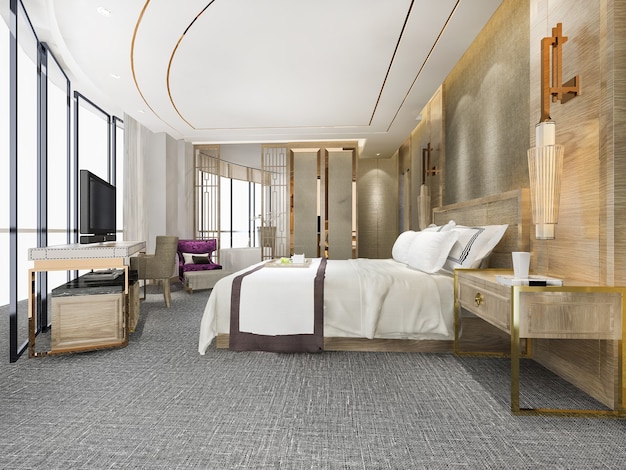 3D rendering moderne luxe slaapkamer suite en badkamer in hotel