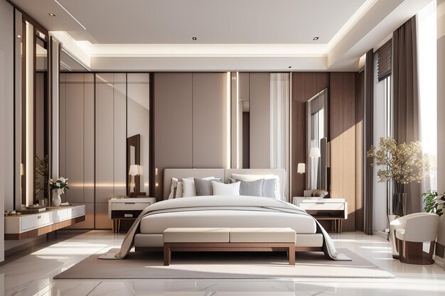 3D-rendering moderne luxe slaapkamer suite en badkamer