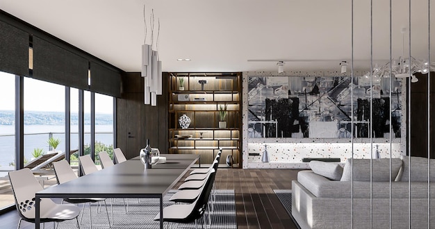 3D-rendering moderne luxe woon- en eetkamer interieurontwerp